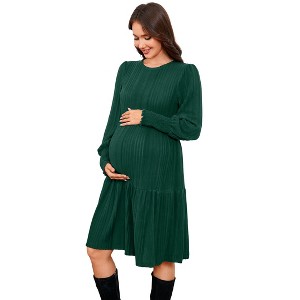 Coolmee Women's Maternity Long Lantern Sleeve Ribbed Knit Dresses Crew Neck Casual Fall Winter Flowy Swing Tunic Sweater Midi Dress - 1 of 4