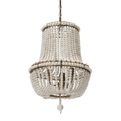 Off-White Draped Wood Bead Chandelier with Iron Frame