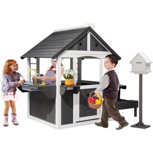 JOYMOR Kids 3-8 Wooden Outdoor Playhouse Cottage with Sink & Picnic Table Gray&White - 1 of 4