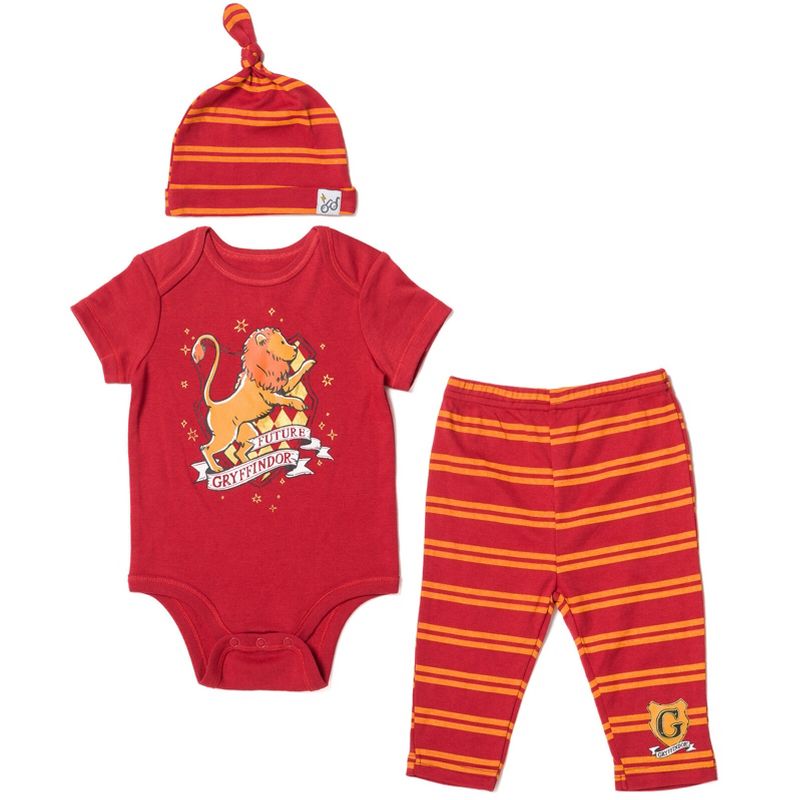 Harry Potter Gryffindor Hufflepuff Ravenclaw Baby Bodysuit Pants and Hat 3 Piece Outfit Set Newborn to Infant, 1 of 7