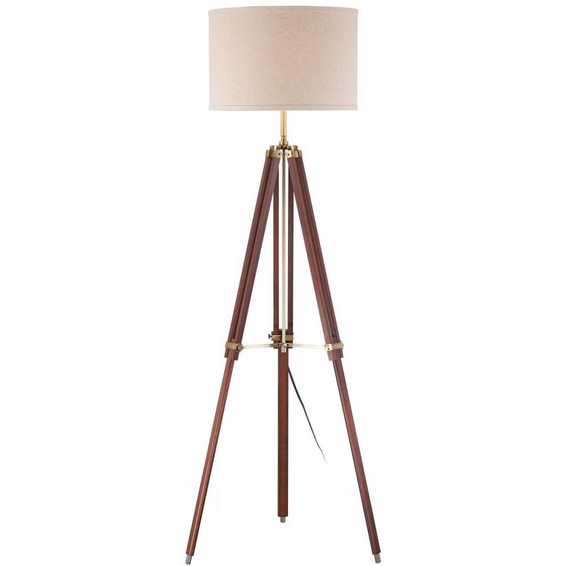 Possini Euro Design Surveyor Modern Tripod Floor Lamp 57 1/2" Tall Cherry Wood Adjustable Beige Linen Drum Shade for Living Room Bedroom Office House, 1 of 12