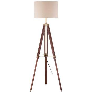Possini Euro Design Surveyor Modern Tripod Floor Lamp 57 1/2" Tall Cherry Wood Adjustable Beige Linen Drum Shade for Living Room Bedroom Office House