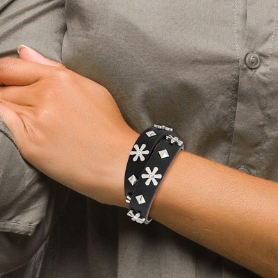 Chisel Stainless Steel Polished with Crystal Flower Studded Black Leather Adjustable Bracelet
