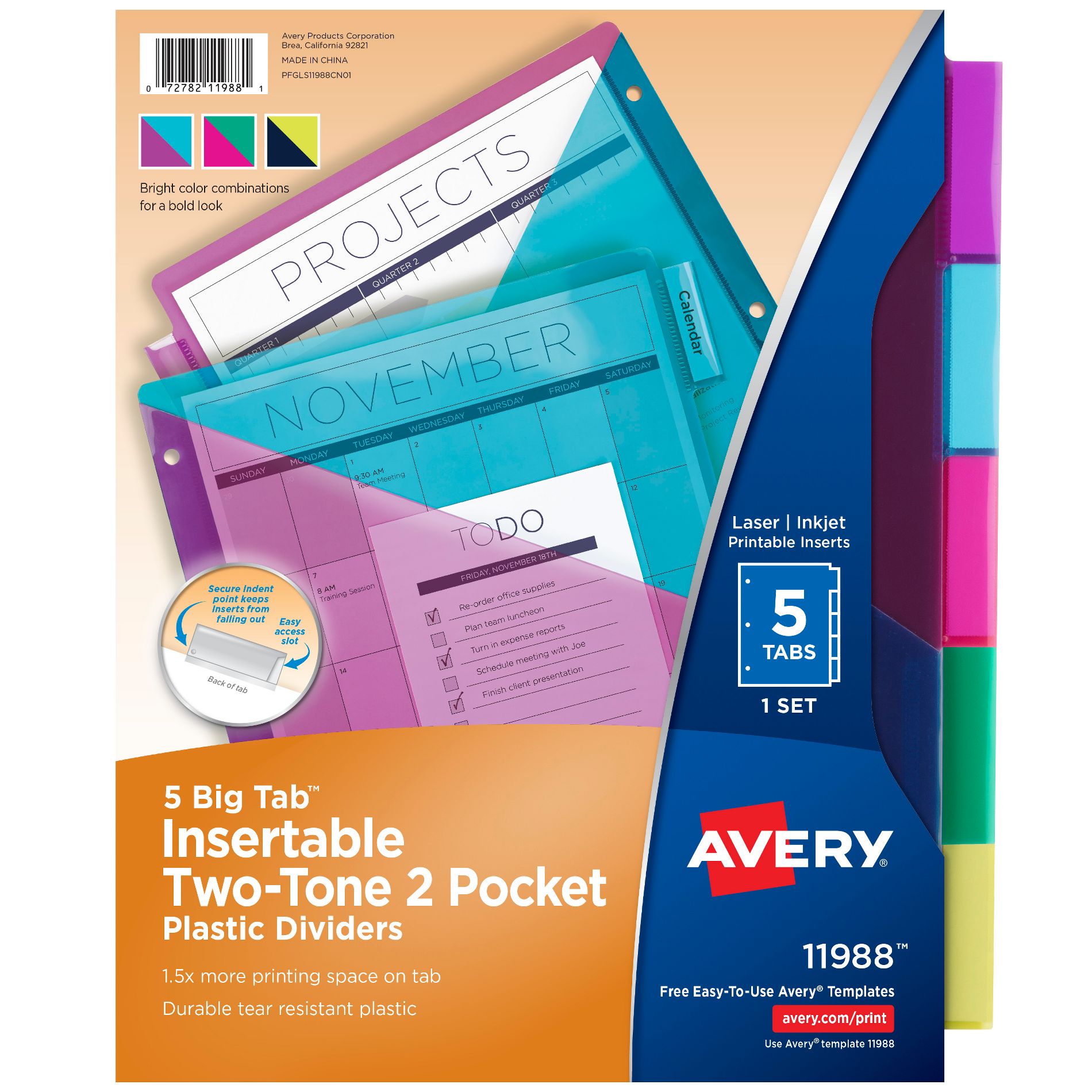 Avery® Plastic Dividers, Insertable Big Tab™, 5-Tab, Multicolor, 1 Set
