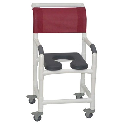 MJM International Corporation Shower Chair 18 In Internal Width 3 In Total Locking Casters Front Seat Maroon Designer Mesh Backrest Sling 300 Lbs Wt