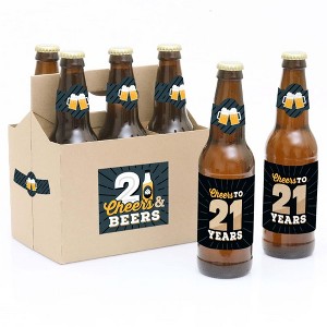 Big Dot of Happiness Cheers and Beers to 21 Years - 21st Birthday Party Decorations for Women and Men - 6 Beer Bottle Label Stickers and 1 Carrier - 1 of 4