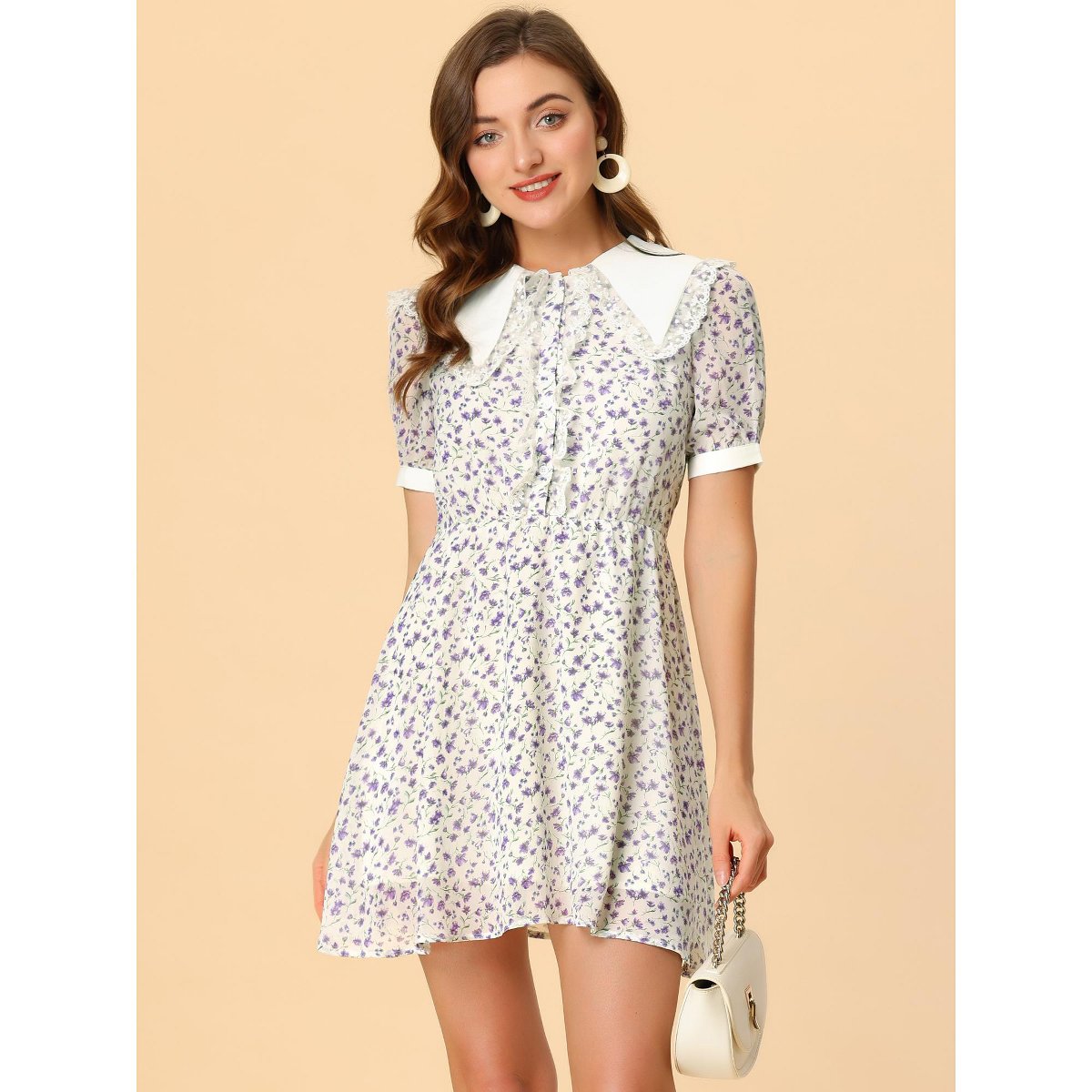 Женские платья INSPIRE CHIC Women's Lace Collar Short Sleeve Floral Print Dress White Purple X-Large — фото 4