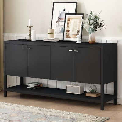 Rustic Console Table With Storage, Farmhouse Accent Table With 4-Door Cabinet, Adjustable Shelves, Behind Couch Table For Living Room, Hallway, Foyer