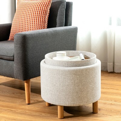 Beige Round Storage Ottoman with Tray and Wood Legs