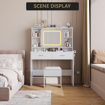 Makeup Vanity with Sliding Mirror, 3 Lighting Modes Adjustable Vanity Desk with Charging Station and Soft Cushioned Stool, 2 Drawer Modern Makeup