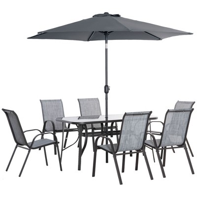 Gray 6-Person Outdoor Dining Set with Umbrella and Glass Top Table