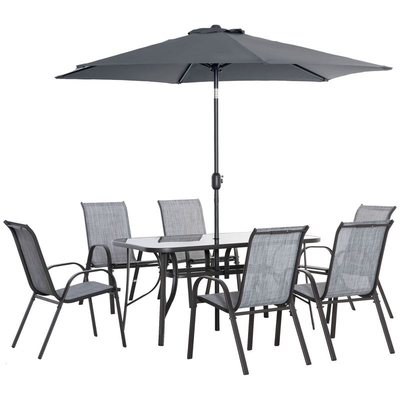 Outsunny 8 Piece Patio Furniture Set with Umbrella, Outdoor Dining Table and Chairs, 6 Chairs, Push Button Tilt and Crank Parasol, Glass Top, Gray, 4 of 7
