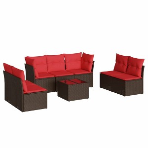 vidaXL 8 Piece Patio Sofa Set with Cushions Poly Rattan - Brown and Red With Table - 1 of 4
