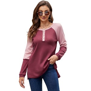 Women's Long Sleeve Waffle Henley Shirts Button Down Round Neck T Shirts Side Splite Color Block Casual Work Blouses - 1 of 4
