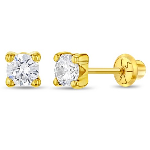 4mm CZ Round Studs, Baby/Children's Earrings, Screw Back - 14K Gold