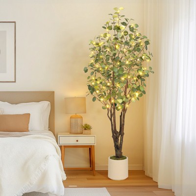 Garvee 5/6/7FT Artificial Eucalyptus Tree, Artificial Plant with White Planter，Large Faux Floor Plant Fake Silk Trees with Lights Home Decor Indoor