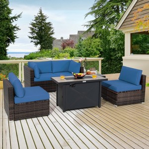 Costway 6PCS Patio Furniture Set Rattan Cushioned Sofa Gas Fire Pit Table Black/Turquoise/Red/Off-white/Navy - 1 of 4