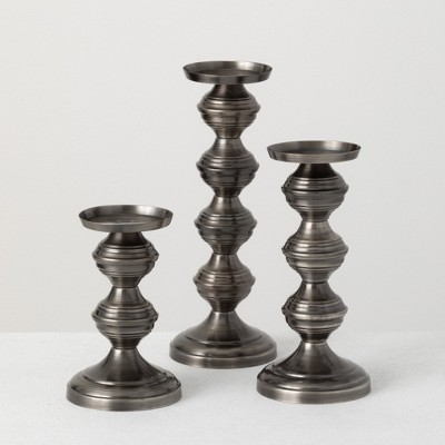 Sullivans Set Of 3 Pillar Galvanized Iron Candle Holders 9"H, 7"H & 12"H Gray