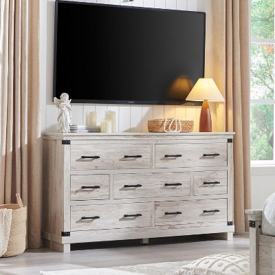 SinCiDo Farmhouse 7 Drawer Dresser, 54" Wide Wood Bedroom Furniture w/ Natural Texture & Metal Handles for Living Room, Hallway