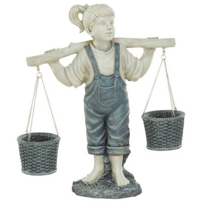 Large Off-White Resin Little Girl Garden Statue with Faux Woven Baskets