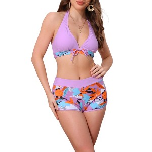 Elerevyo Women's Leaf Print Color Block Bikini Sets, Halter Top Boyshorts Bottom Swimwear Bathing Suits 1 Set - 1 of 4