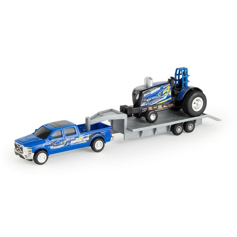 ERTL 1 64 New Holland Blue Barracuda Pulling Tractor with Pickup Truck Trailer 47570