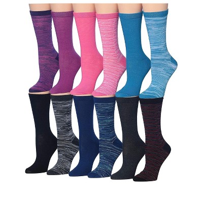 Tipi Toe Women's 12 Pairs Lightweight Colorful Solid & Striped Patterned Crew Socks