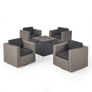 Christopher Knight Home Puerta Outdoor Wicker 5 Piece Swivel Club Chair and Fire Pit Set with Cushions - 1 of 4