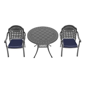 Gulches 3-Piece Cast Aluminum Patio Furniture Set - Weather-Resistant Outdoor Dining Set with Blue Cushions, Carved Design, Stackable Chairs - 1 of 4
