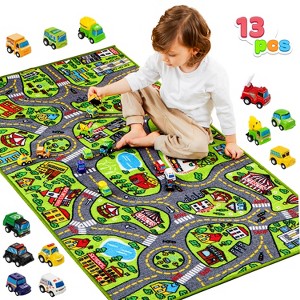 Joyfy Kids Car Play Rug for Playroom, Durable Toddler Car Track Play Mat Rug, Car Carpet with 12 Pull-Back Vehicle Set - City Pretend Play - 1 of 4