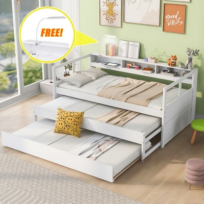 NicBex Twin XL Wood Daybed with 2 Trundles,3 Storage Cubbies,1 Light for Free and USB Ports