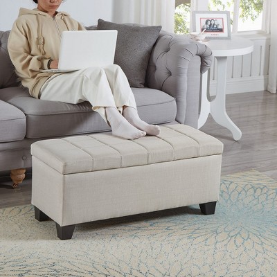 Entryway Bench Upholstered Storage Rectangular Bench, Bedroom Bed End Bench Bed Foot, Entryway Bench Light Beige Linen Fabric Plaid White