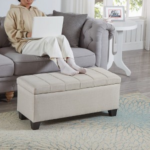 Entryway Bench Upholstered Storage Rectangular Bench, Bedroom Bed End Bench Bed Foot, Entryway Bench Light Beige Linen Fabric Plaid White - 1 of 4
