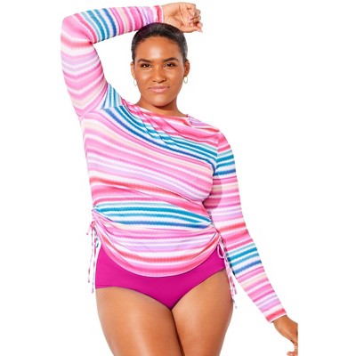 Swimsuits for All Women's Plus Size Chlorine Resistant Side-Tie Adjustable Long Sleeve Swim Tee