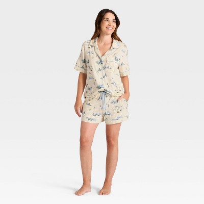 Women's Cloud Knit Short Sleeve Notch Collar Shirt and Shorts Pajama Set - Auden™