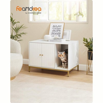 Modern White and Gold Cat Litter Box Enclosure with Scratching Mat