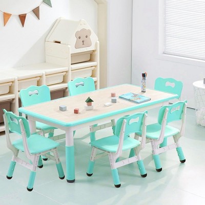 Garvee Kids Table and Chairs Set, Graffiti Desktop Plastic Children Art Table with 6 Seat