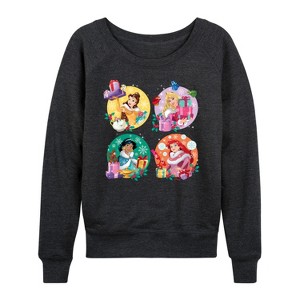 Women's - Disney - Princess Christmas Grid Lightweight French Terry Wide Neck Long Sleeve Shirt - 1 of 4