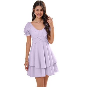 Coolmee Women's Ruffle Wrap Flowy Dress Puff Sleeve Flounce Short Sleeve A Line Mini Dress - 1 of 4