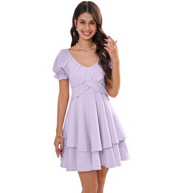Coolmee Women's Ruffle Wrap Flowy Dress Puff Sleeve Flounce Short Sleeve A  Line Mini Dress purple L : Target