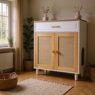 Airsurfer Cabinet Pet-Friendly Furniture Style Cat Litter Box House with Sisal Scratching Door and Charging Socket, Beige+White MDF