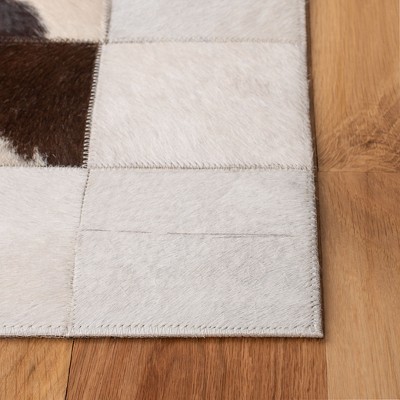 Ivory and Brown Hand-Knotted Geometric Cowhide Rug, 8' x 10'