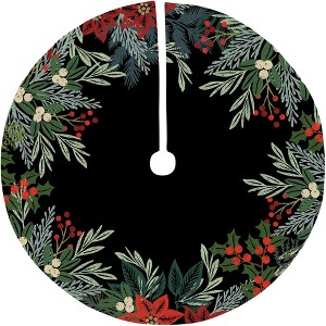Christmas 24.0" Holly And Berries Tree Skirt Cotton Poinsettia Greenery Primitives By Kathy  -  Tree Skirts - 1 of 2