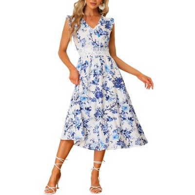 Allegra K Women's Regular Fit V Neck Lace Insert Waist Midi Floral Sundresses