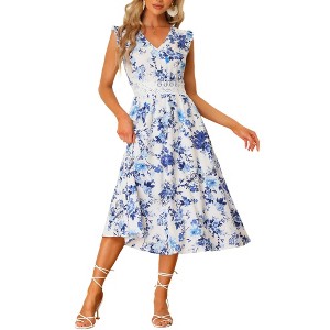Allegra K Women's Regular Fit V Neck Lace Insert Waist Midi Floral Sundresses - 1 of 4