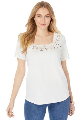 Jessica London Women's Plus Size Stretch Cotton Eyelet Cutout Tee