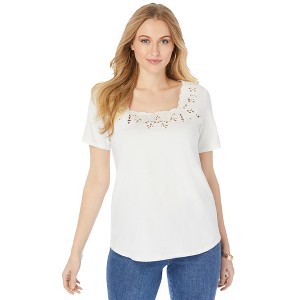 Jessica London Women's Plus Size Stretch Cotton Eyelet Cutout Tee - 1 of 4