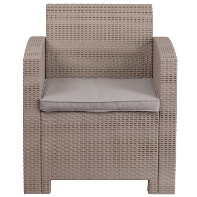Contemporary Patio Armchair with Light Gray Cushions and Plastic Feet