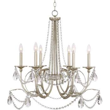 Regency Hill Strand Silver Leaf Chandelier 28" Wide French Beaded Crystal 6-Light Fixture for Dining Room House Foyer Kitchen Island Entryway Bedroom