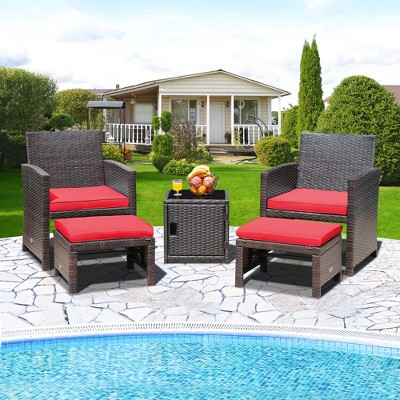 Costway 5PCS Patio Rattan Furniture Set Ottoman Cushioned W/Cover Space Saving Off White/Gray/Red/Turquoise